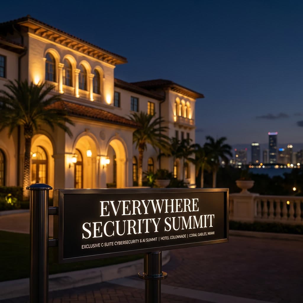 Everywhere Security Summit signage at Hotel Colonnade, Coral Gables, Miami at dusk